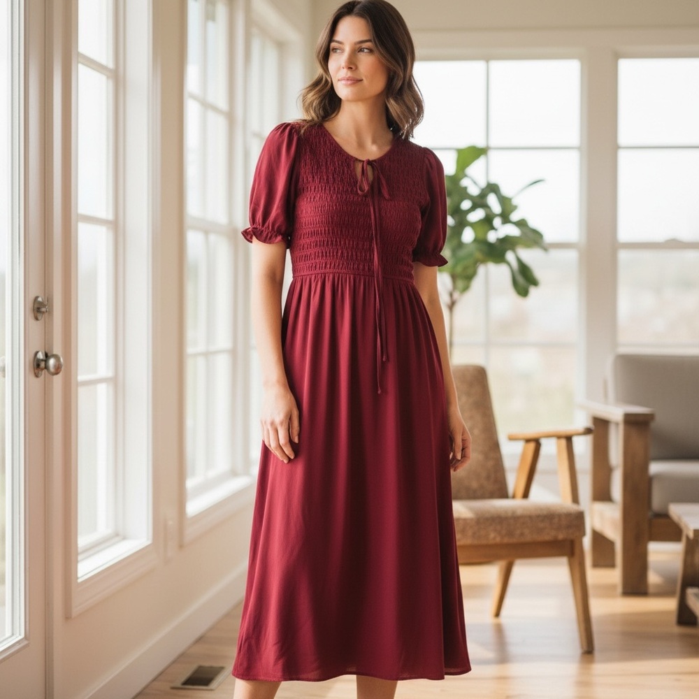Flowy and Smocked Burgundy Spring Dress
